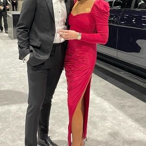 MAJORELLE Long Sleeve Draped Maxi Dress in Berry